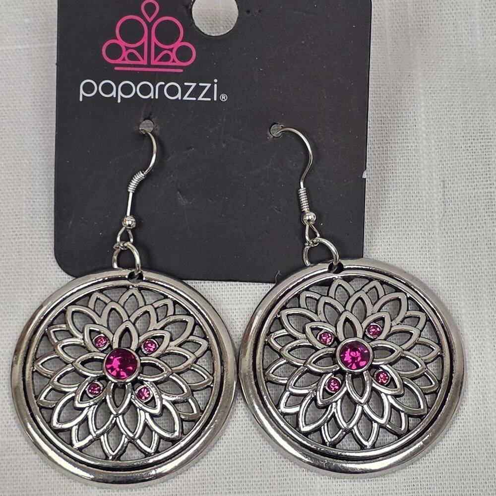 Paparazzi Pink Rhinestone Floral Medallion Circle Dangle Earrings Silver Tone NW